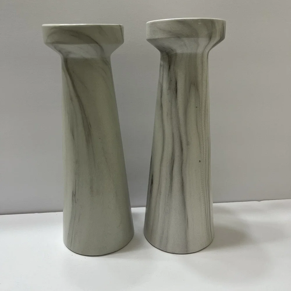 Ceramic Pillar Candle Holders Marble Look Gray White Swirl 12